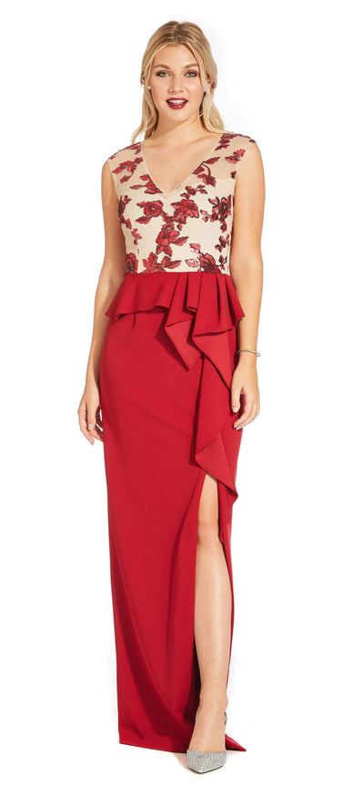 Adrianna Papell - AP1E204361 Floral Sequined Peplum Dress with Slit In Red and Nude