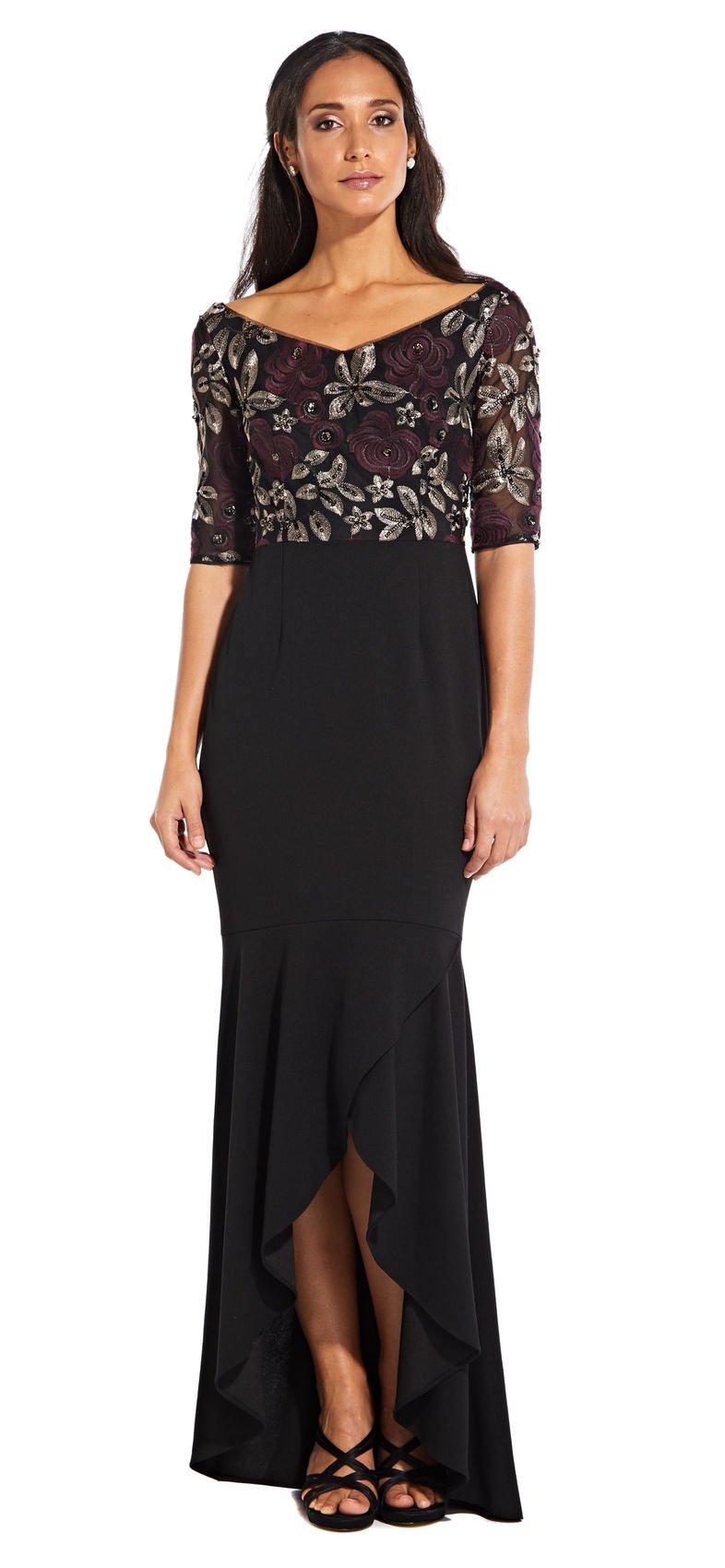 Adrianna Papell - AP1E204611 Floral V-Neck High Low Dress In Purple and Black