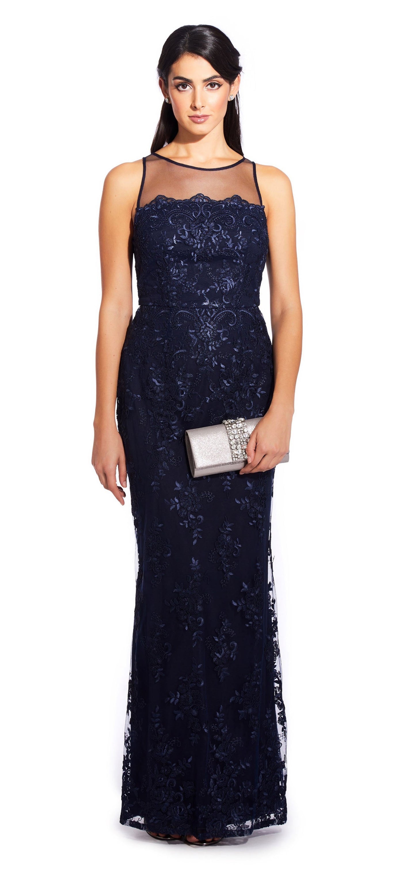 Adrianna Papell - AP1E204699 Embroidered Illusion Sheath Dress In Blue