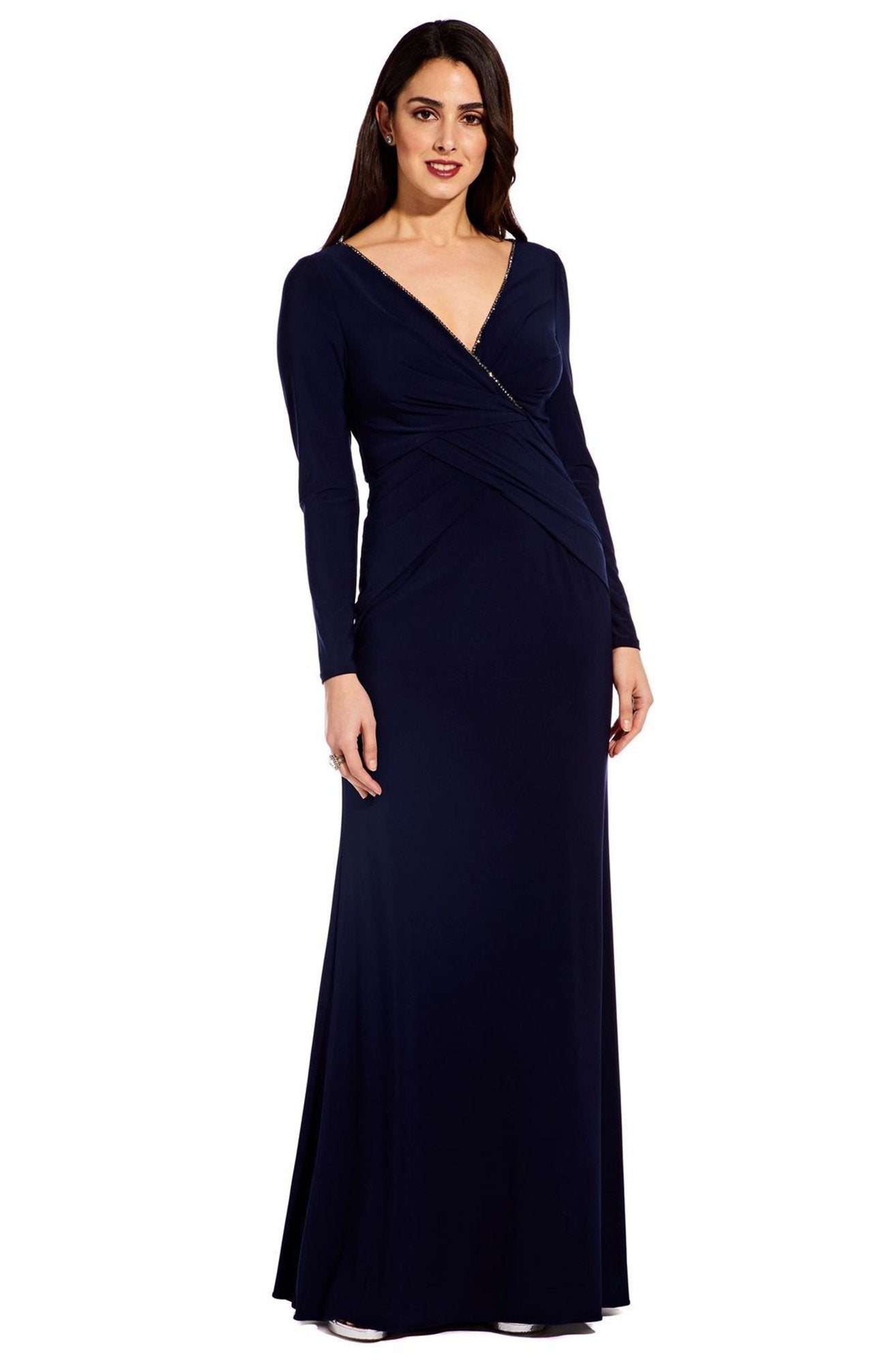 Adrianna Papell - AP1E205119 Beaded Long Sleeve V-neck Sheath Dress In Blue