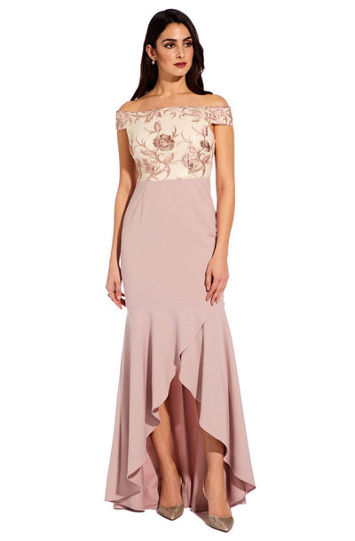 Adrianna Papell - AP1E205308 Embroidered Off-Shoulder Trumpet Dress In Pink