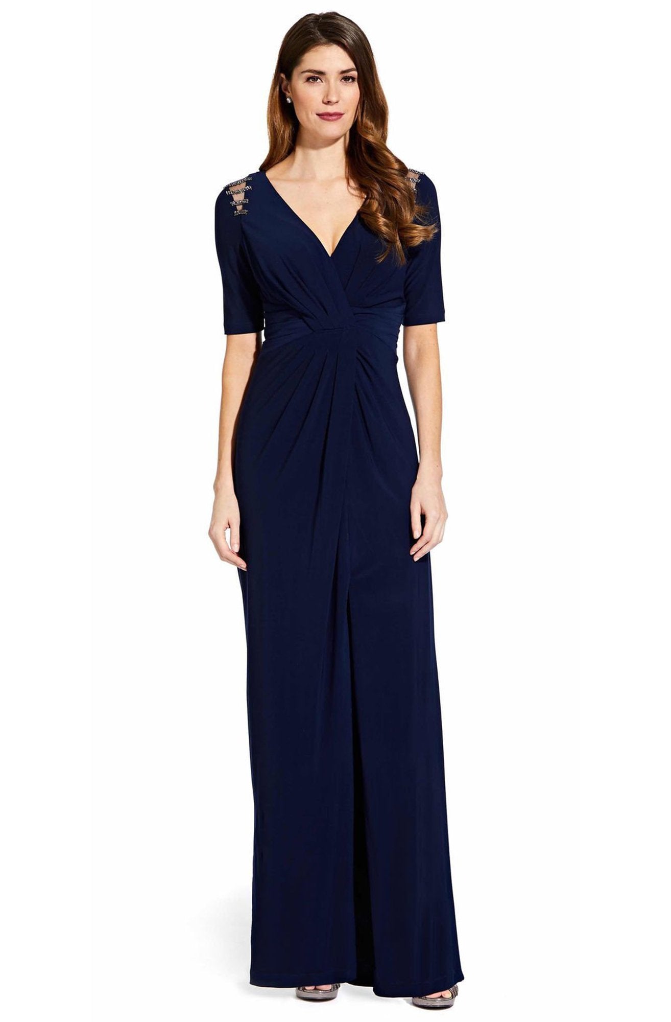 Adrianna Papell - AP1E205409 Embellished V-neck Jersey Sheath Dress In Blue