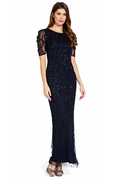 Adrianna Papell - AP1E205809 Embellished Bateau Sheath Dress In Blue and Black
