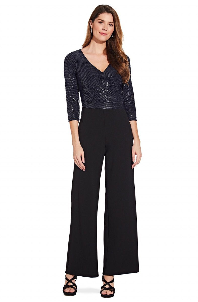 Adrianna Papell - AP1E206289 Sequined Quarter Length Sleeve Jumpsuit In Blue and Black