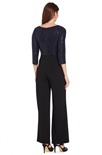 Adrianna Papell - AP1E206289 Sequined Quarter Length Sleeve Jumpsuit In Blue and Black