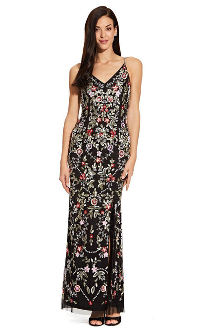 Adrianna Papell - AP1E206755 Spaghetti Strap Floral Sequined Dress In Black and Multi-Color