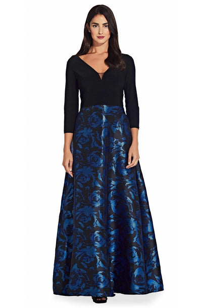 Adrianna Papell - AP1E206803 Floral Print Jacquard A-line Dress In Black and Blue