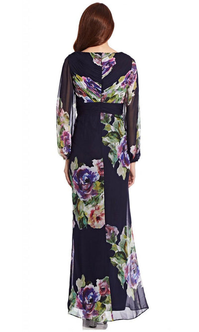Adrianna Papell - AP1E206935 Floral Ruched V-Neck High Slit Dress In Black and Multi-Color