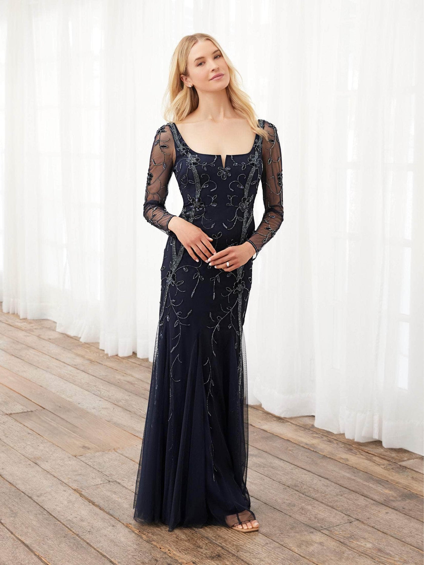 Adrianna Papell Platinum 40396 - Sheer Floral Beaded Full Length Dress Special Occasion Dress
