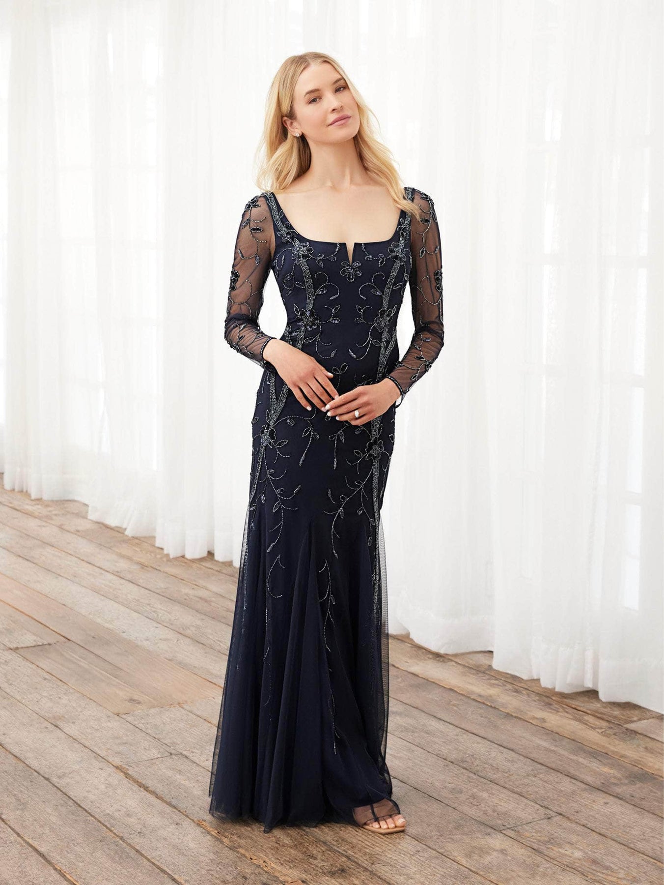 Adrianna Papell Platinum 40396 - Sheer Floral Beaded Full Length Dress Special Occasion Dress