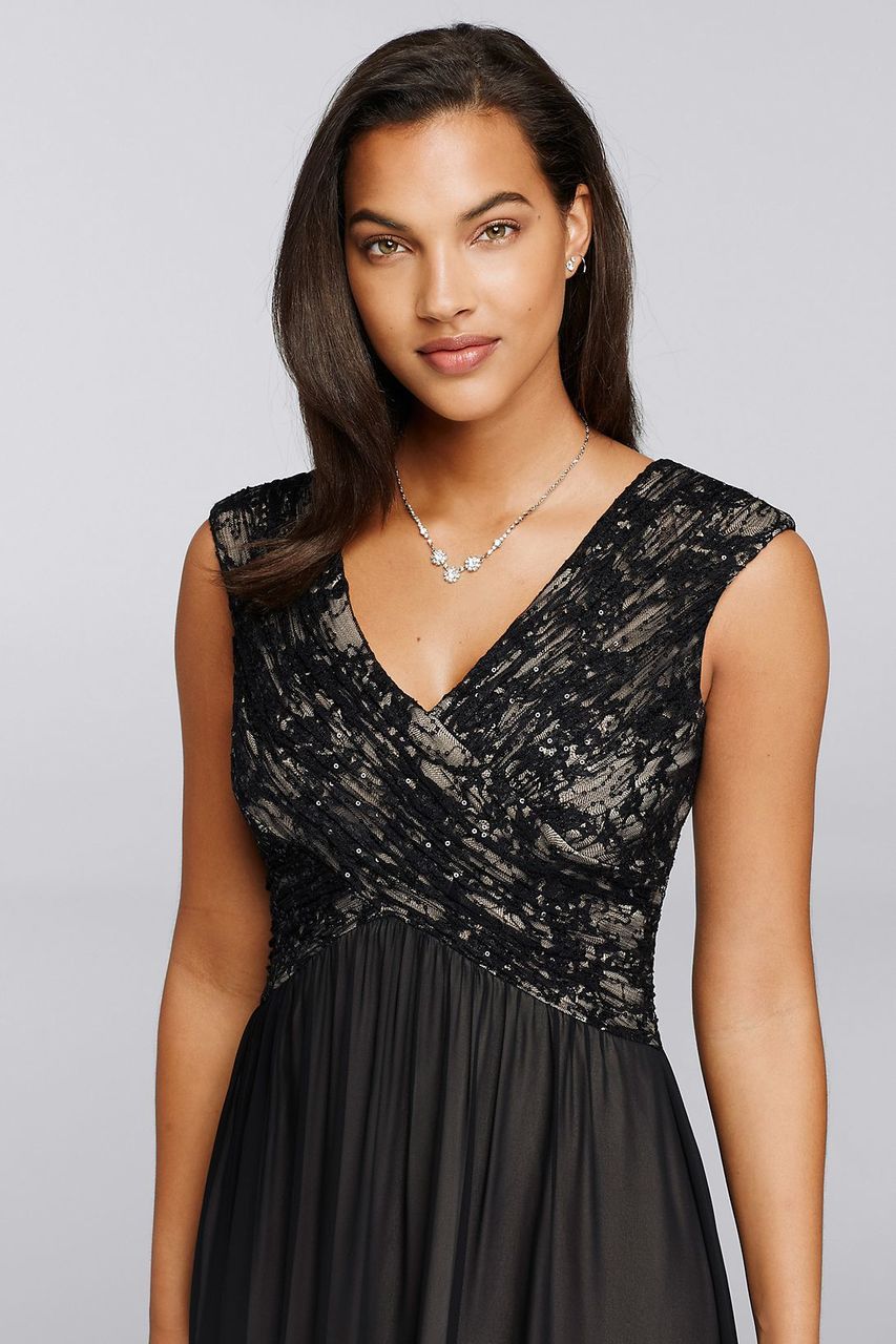 Sangria - ADWKOJ57 Cap Sleeve Sequined Empire Gown in Black and Neutral