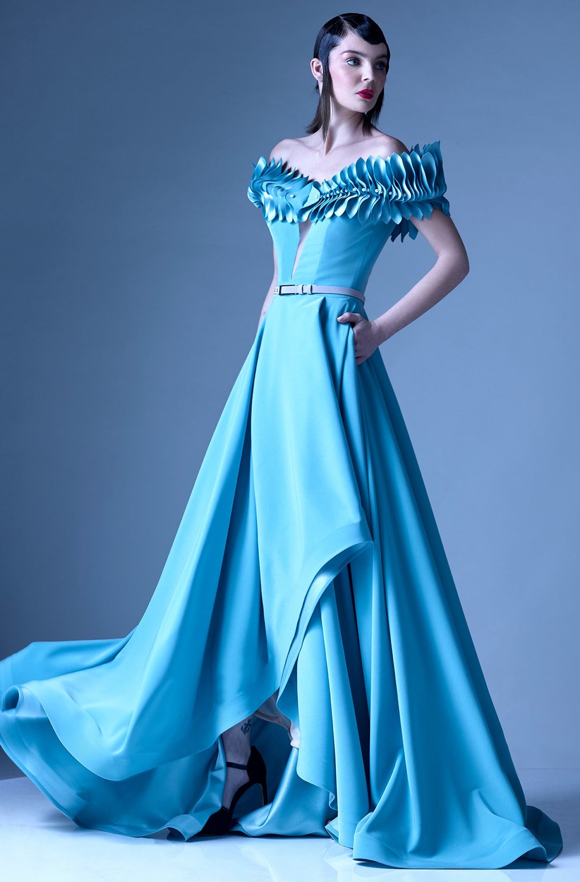 MNM Couture - G0962 Pleated Off-Shoulder A-Line Evening Gown in Blue