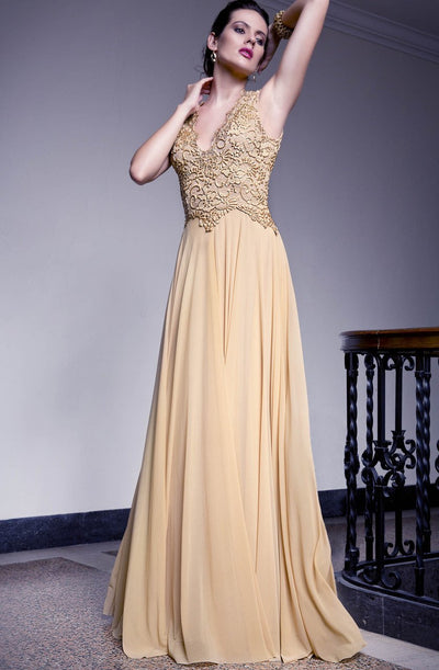 Baccio Couture - 2771 Sleeveless V Neck Painted Metallic Silicon Bodice A-Line Gown In Neutral and Yellow