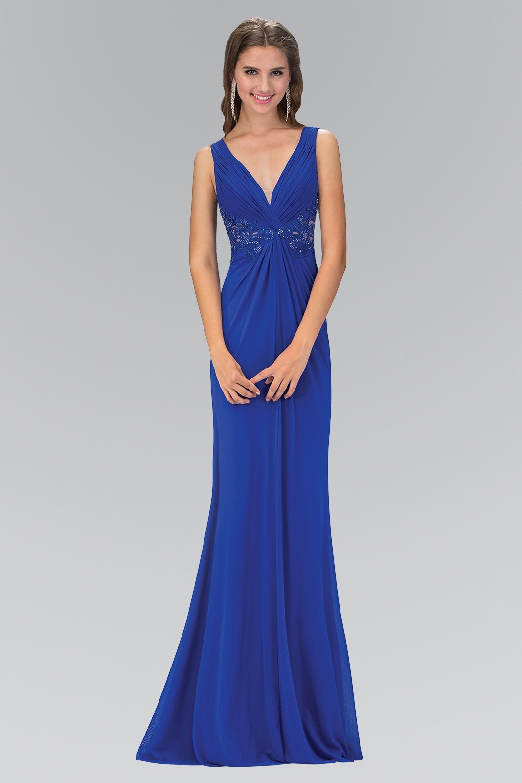 Elizabeth K - GL1377 Embellished Ruched V-Neck A-line Dress in Blue