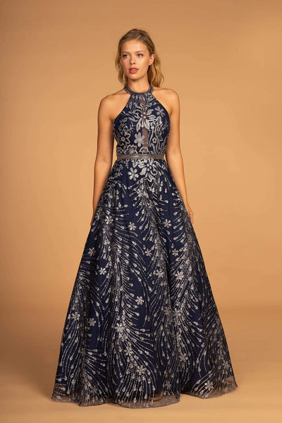 Elizabeth K - GL2508 Glitter Print Illusion Paneled Halter Gown Special Occasion Dress XS / Navy