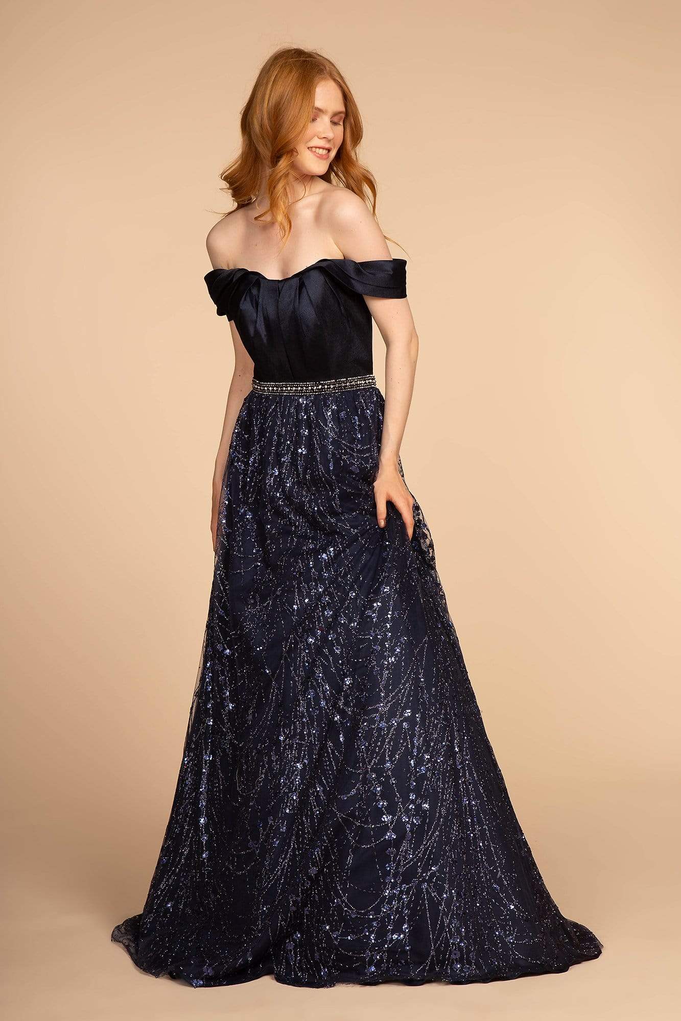 Elizabeth K - GL2530 Embellished Pleated Off-Shoulder A-line Dress Special Occasion Dress XS / Navy