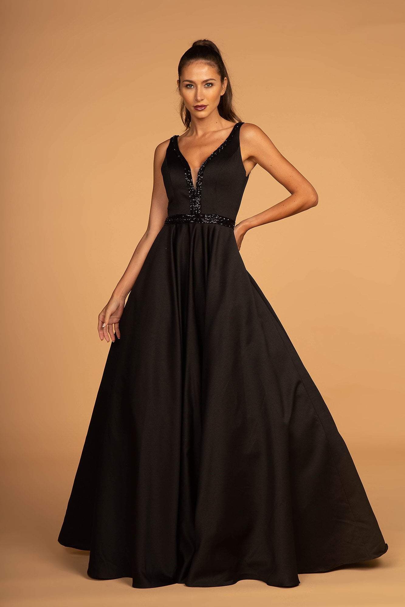 Elizabeth K - GL2532 Sleeveless Deep V-Neck Satin Ballgown In Black