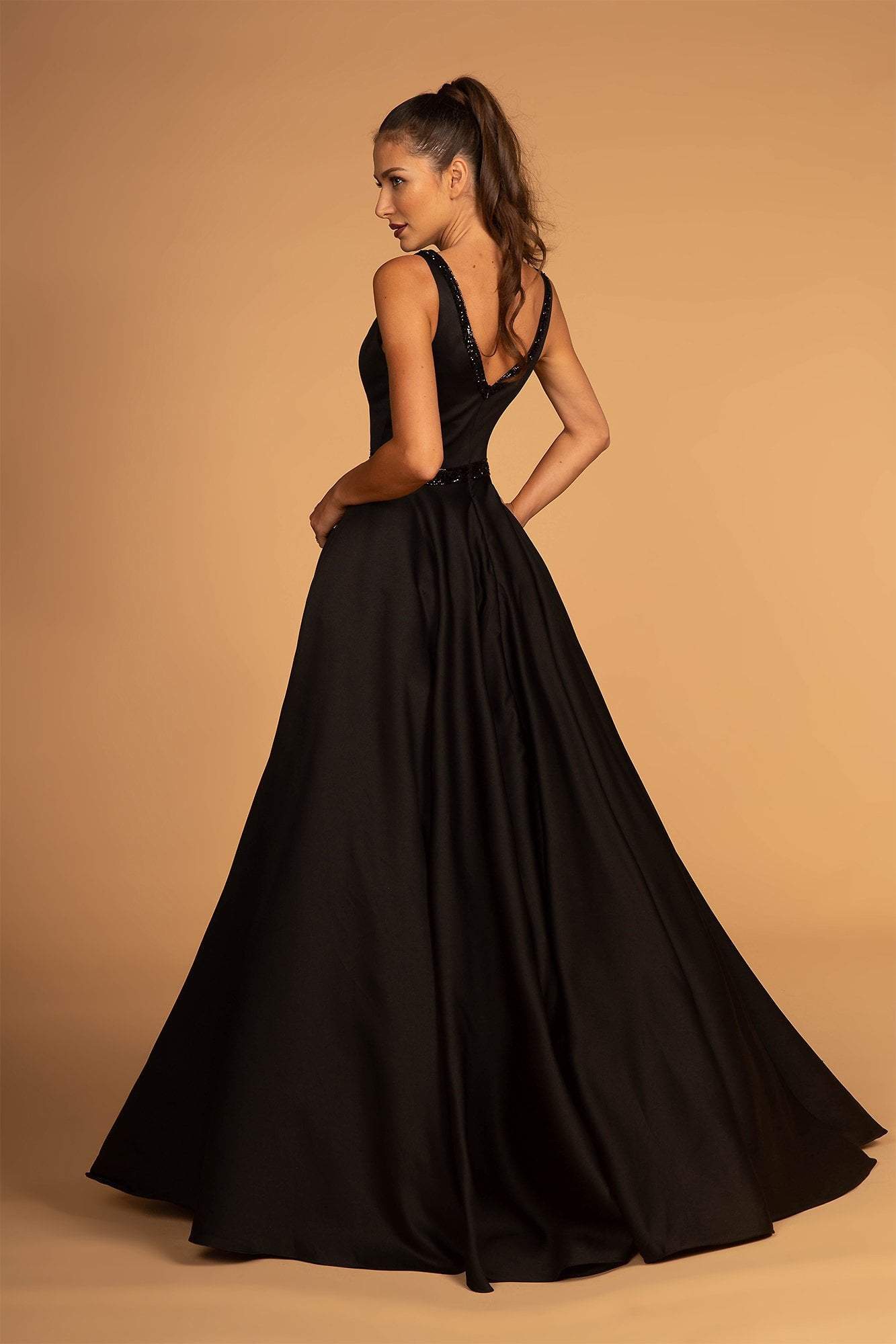 Elizabeth K - GL2532 Sleeveless Deep V-Neck Satin Ballgown In Black