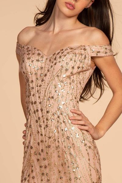 Elizabeth K - GL2585 Glitter Sequined Off-Shoulder Gown In Pink and Gold