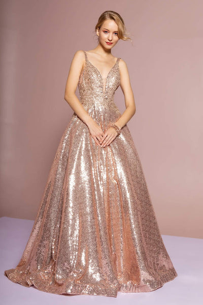 Elizabeth K - GL2652 Sequined Plunging V-Neck Gown Special Occasion Dress XS / Rose Gold