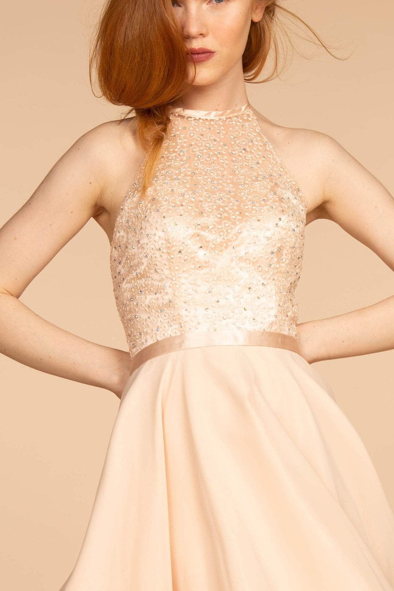 Elizabeth K - GS1621 Illusion Halter Jewel Ornate A-Line Dress Special Occasion Dress