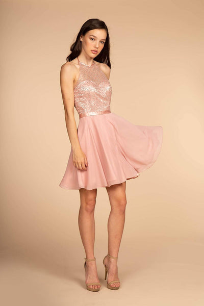 Elizabeth K - GS1621 Illusion Halter Jewel Ornate A-Line Dress Special Occasion Dress XS / D/Rose