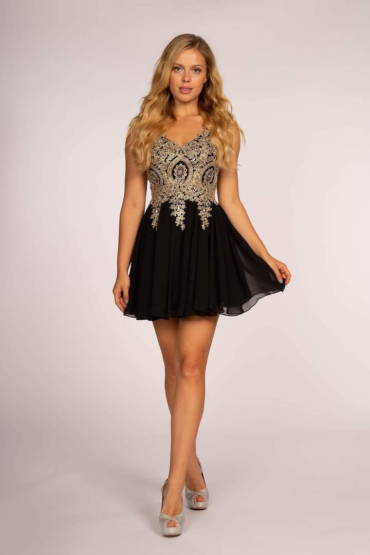 Elizabeth K - Embroidered Lace Appliqued Short Dress GS1625 In Black