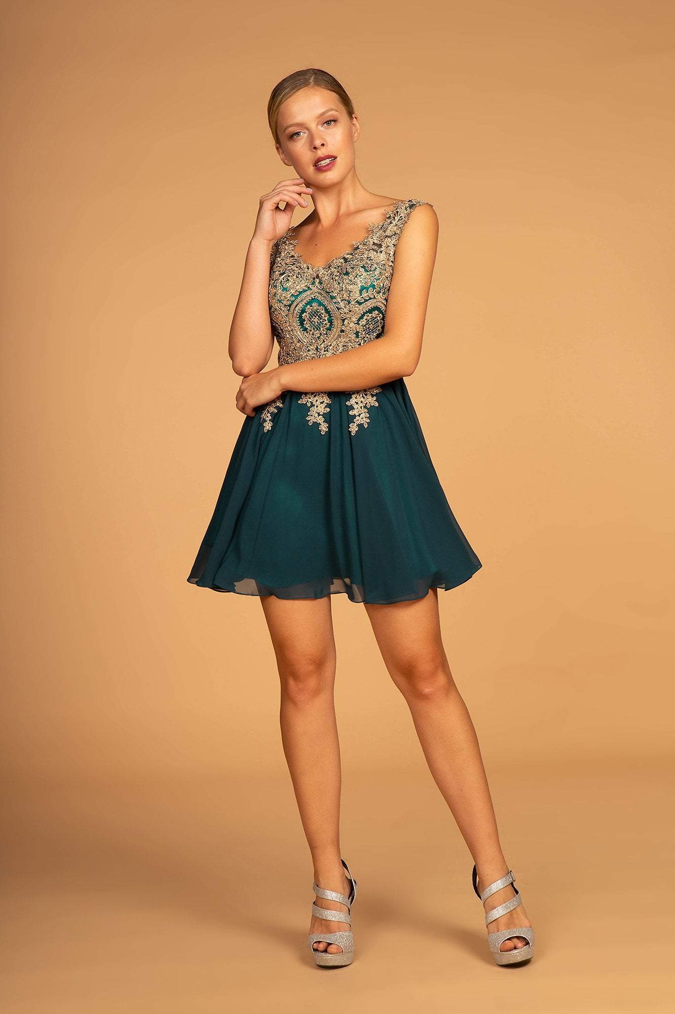 Elizabeth K - GS1625 Embroidered Lace Appliqued Short Dress Special Occasion Dress XS / Teal