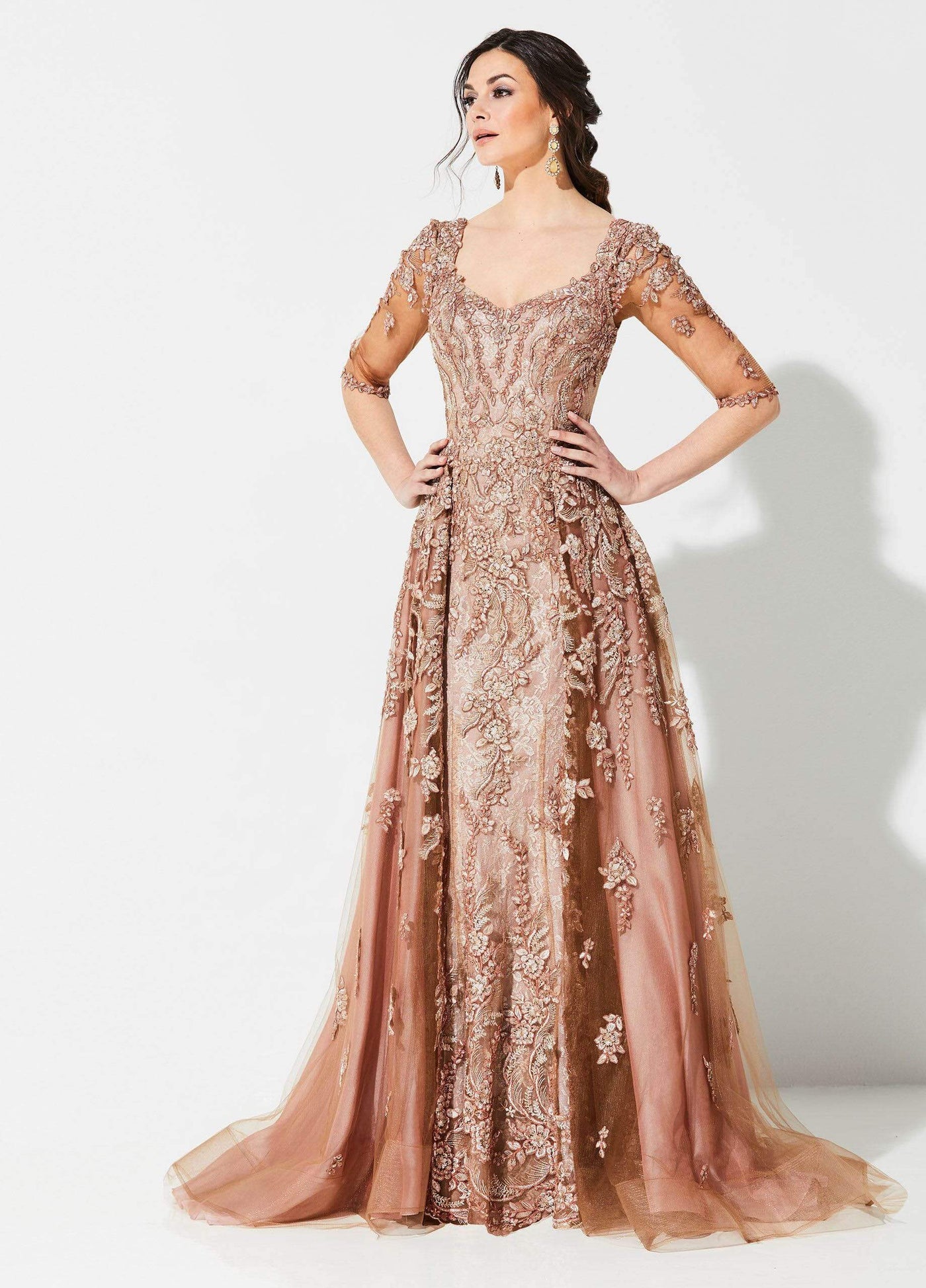 Ivonne D for Mon Cheri - 219D81 Embroidered V-neck Gown With Train In Brown and Pink