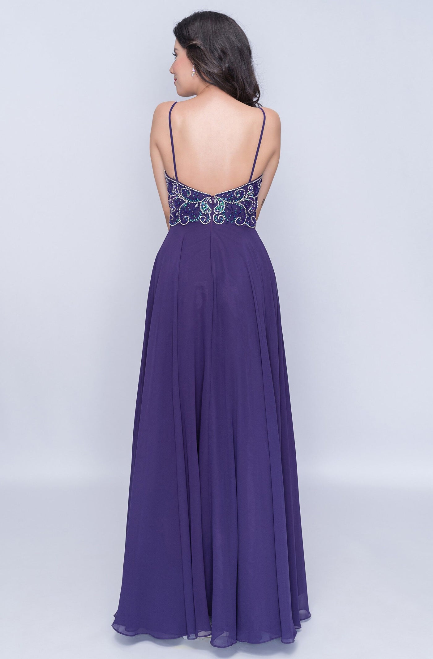 Nina Canacci - 6509 Scroll Beaded Plunging Sweetheart Chiffon Gown in Purple