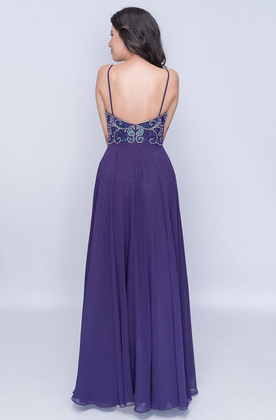 Nina Canacci - 6509 Scroll Beaded Plunging Sweetheart Chiffon Gown in Purple