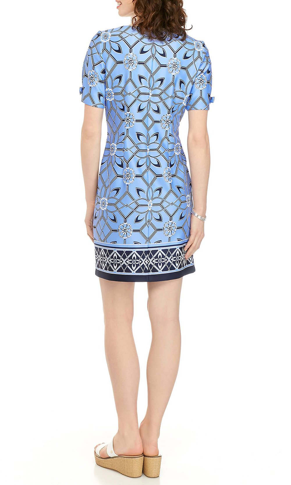 Sandra Darren - 73599 Split Bow-Ornate Sleeve Border Print Dress In Blue