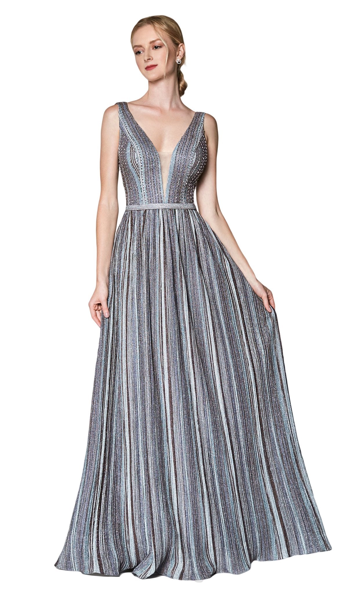 Cinderella Divine - CZ0015 Striped Metallic A-Line Gown In Blue and Gray