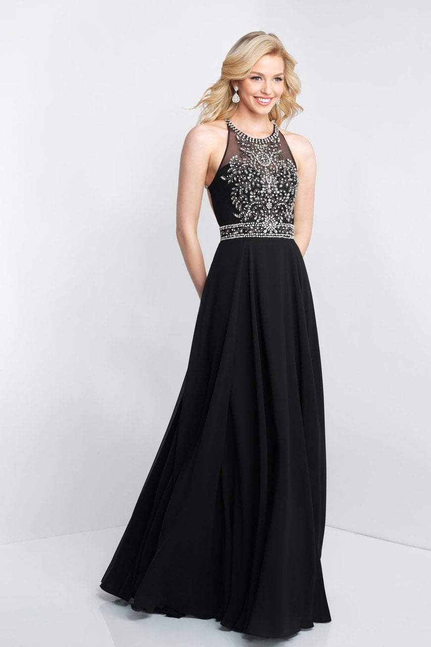 Blush - C1036 Crystal Adorned Illusion Jewel A-Line Gown In Black