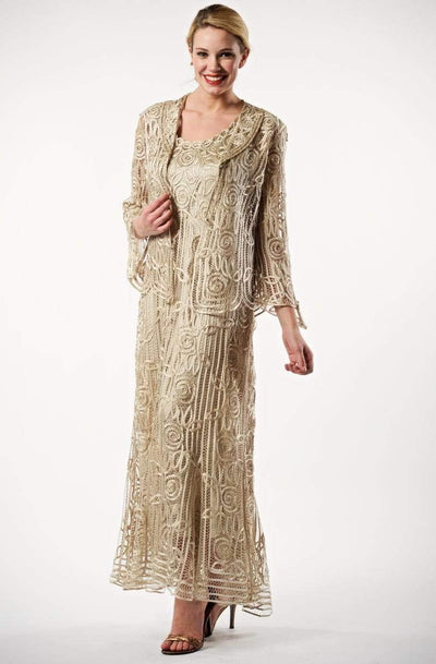 Soulmates - C1068 Beaded Silk Lace Collar Jacket with Godet Dress Set Mother of the Bride Dresses Champagne / S