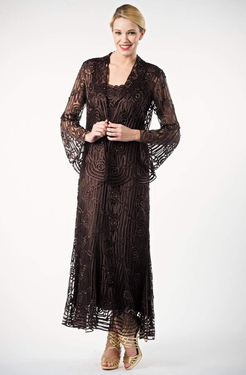 Soulmates - C1068 Beaded Silk Lace Collar Jacket with Godet Dress Set Mother of the Bride Dresses Espresso / S