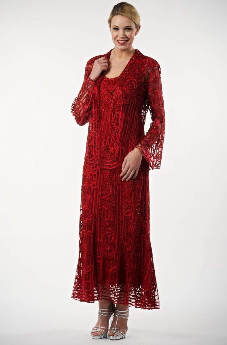 Soulmates - C1068 Beaded Silk Lace Collar Jacket with Godet Dress Set Mother of the Bride Dresses Merlot / S