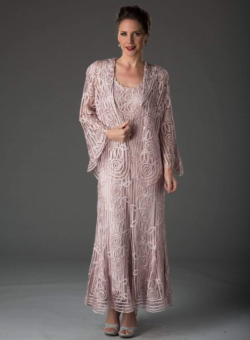 Soulmates - C1068 Beaded Silk Lace Collar Jacket with Godet Dress Set Mother of the Bride Dresses Pearl Pink / S