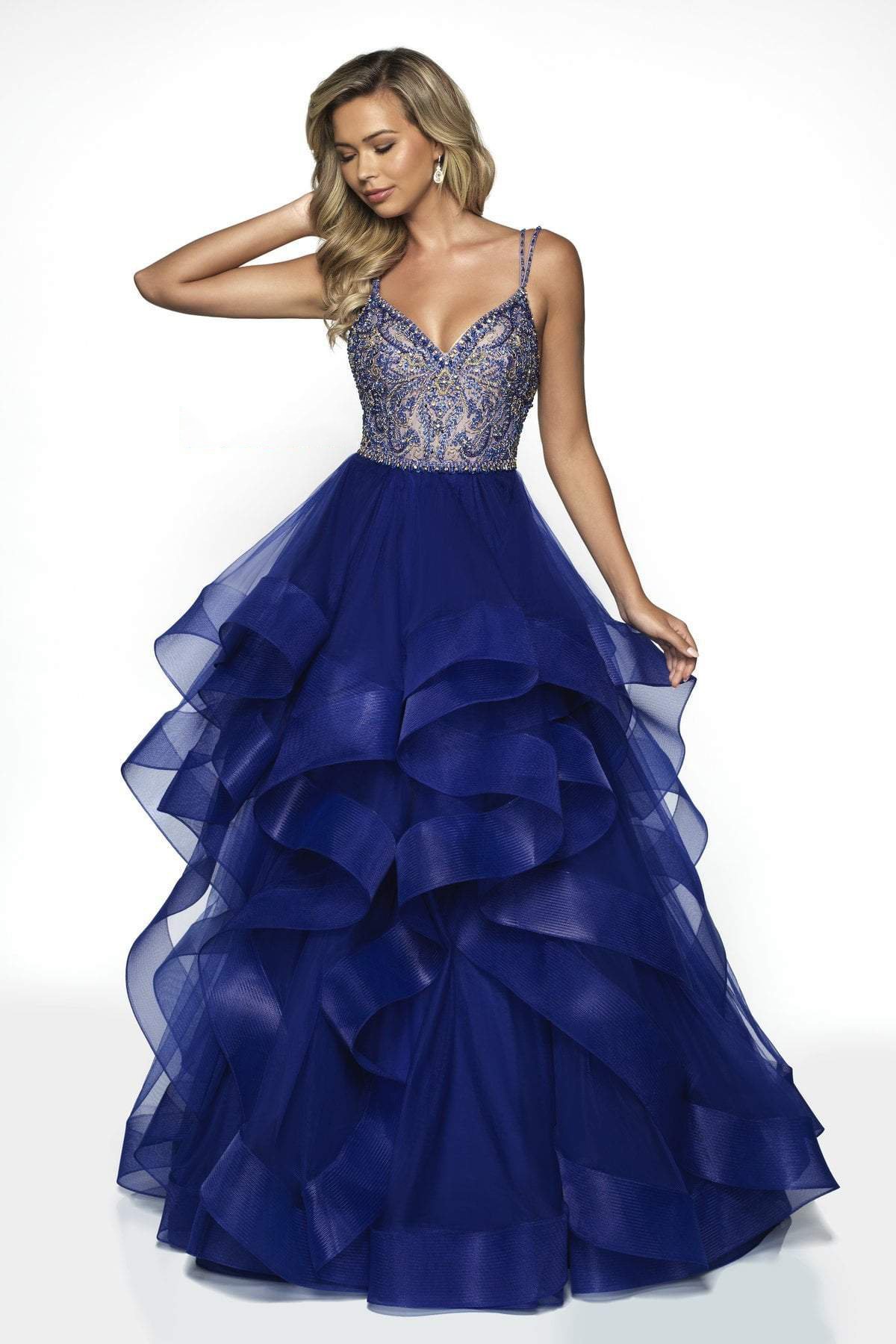 Blush by Alexia Designs - C2007 Beaded V-neck Ruffled Tulle Ballgown In Blue and Neutral