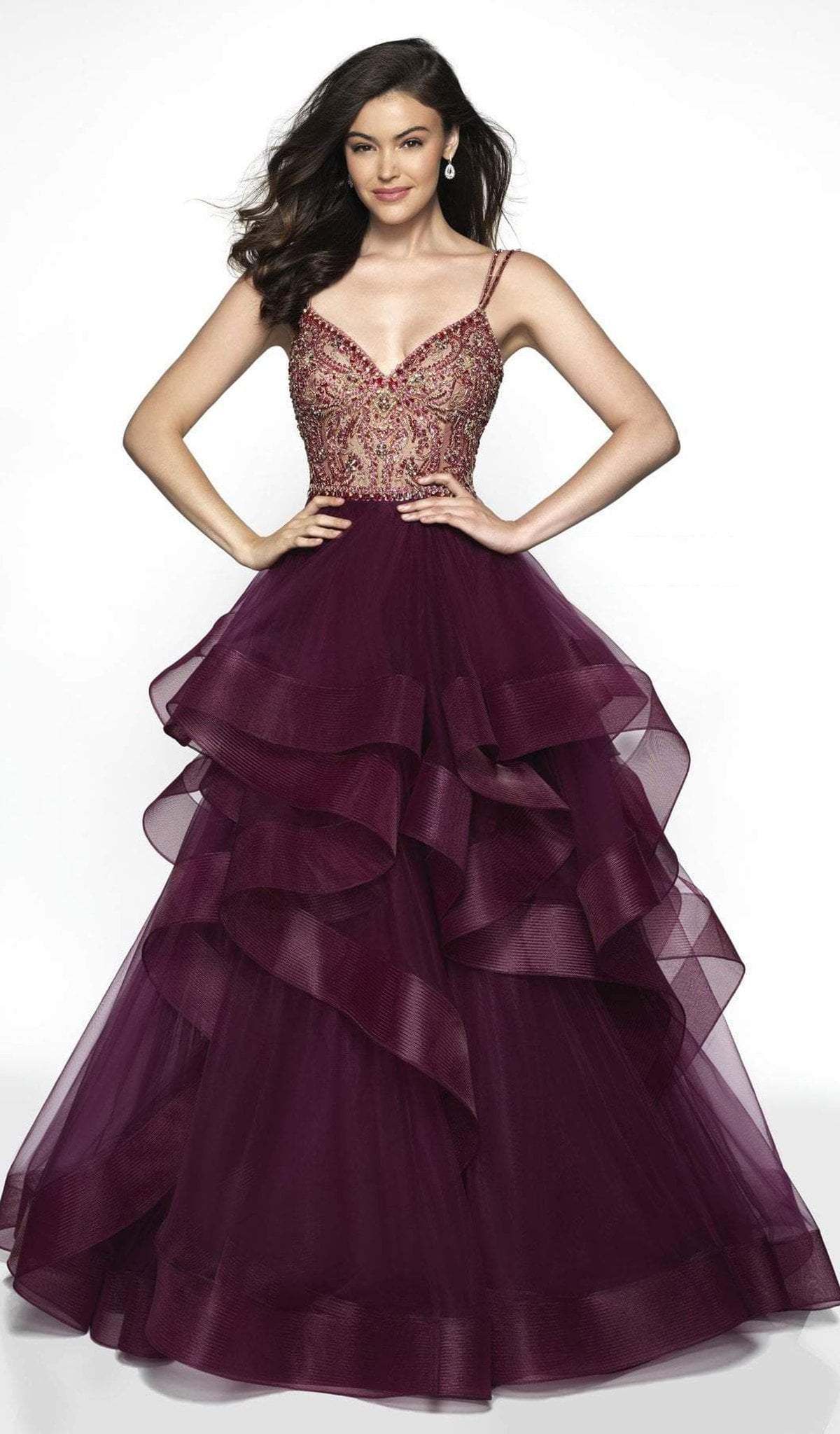 Blush by Alexia Designs - C2007 Beaded V-neck Ruffled Tulle Ballgown In Red and Neutral