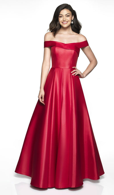 Blush by Alexia Designs - C2091 Overlap Off-Shoulder Gown In Red