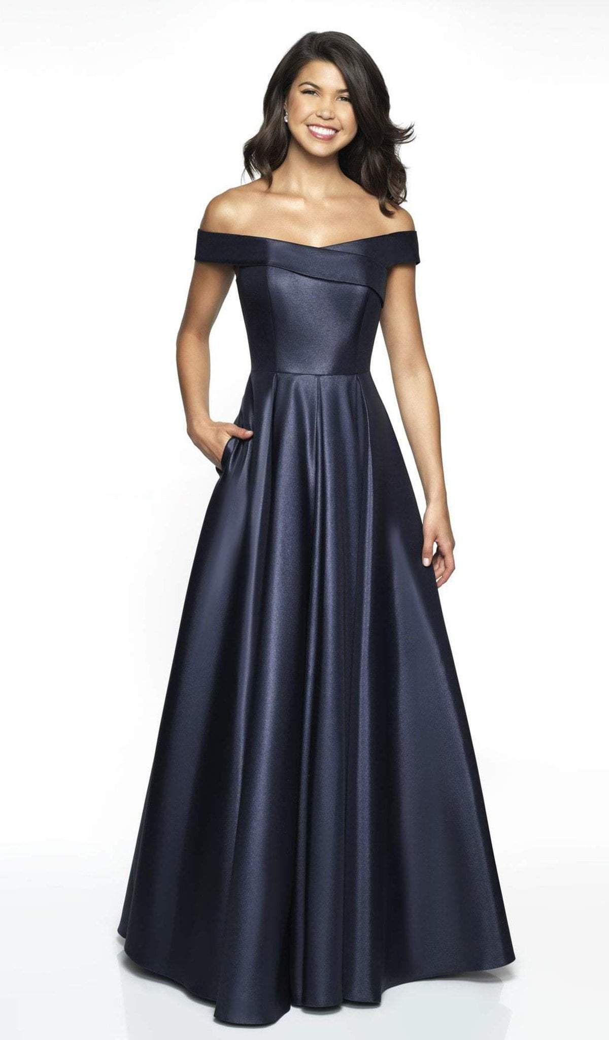 Blush by Alexia Designs - C2091 Overlap Off-Shoulder Gown In Blue