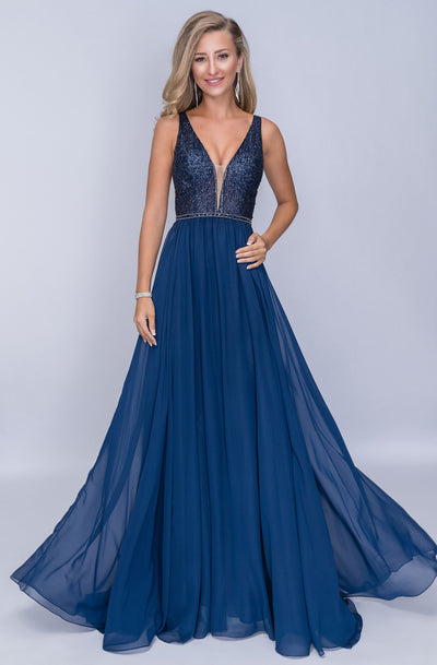 Nina Canacci - 8159 Embellished Plunging V Neck A-Line Gown In Blue