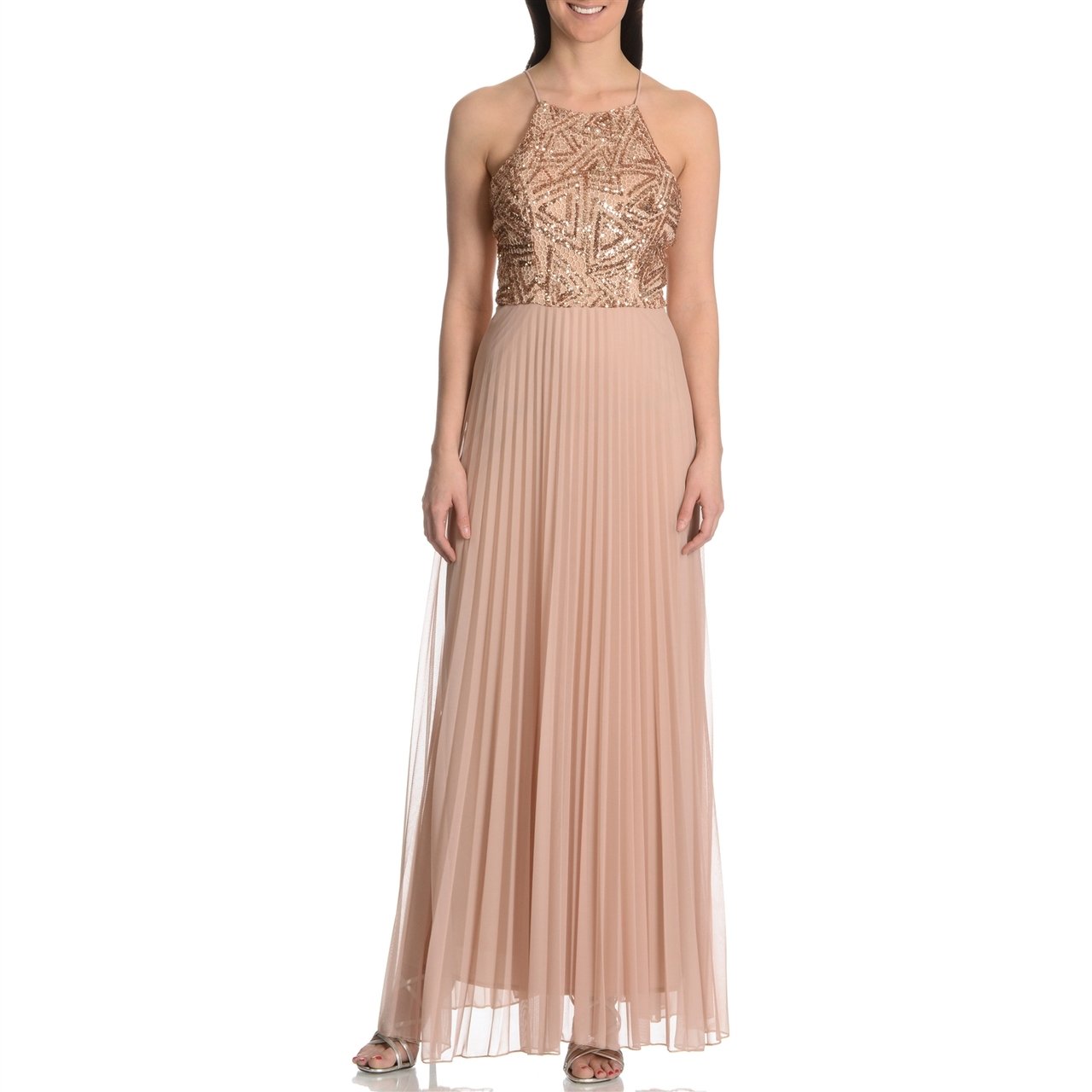 Cachet - 56902 Halter Sequin Pleated Chiffon Dress in Neutral
