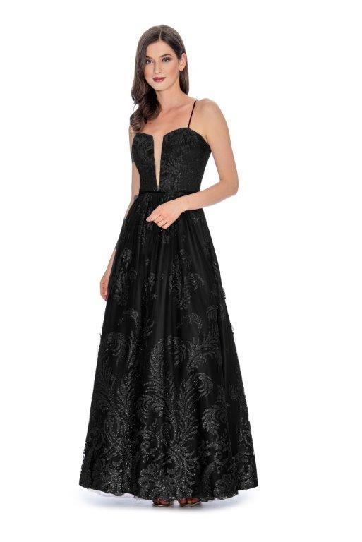 Cachet - 59190Q Plunging Sweetheart Glitter A-Line Gown In Black