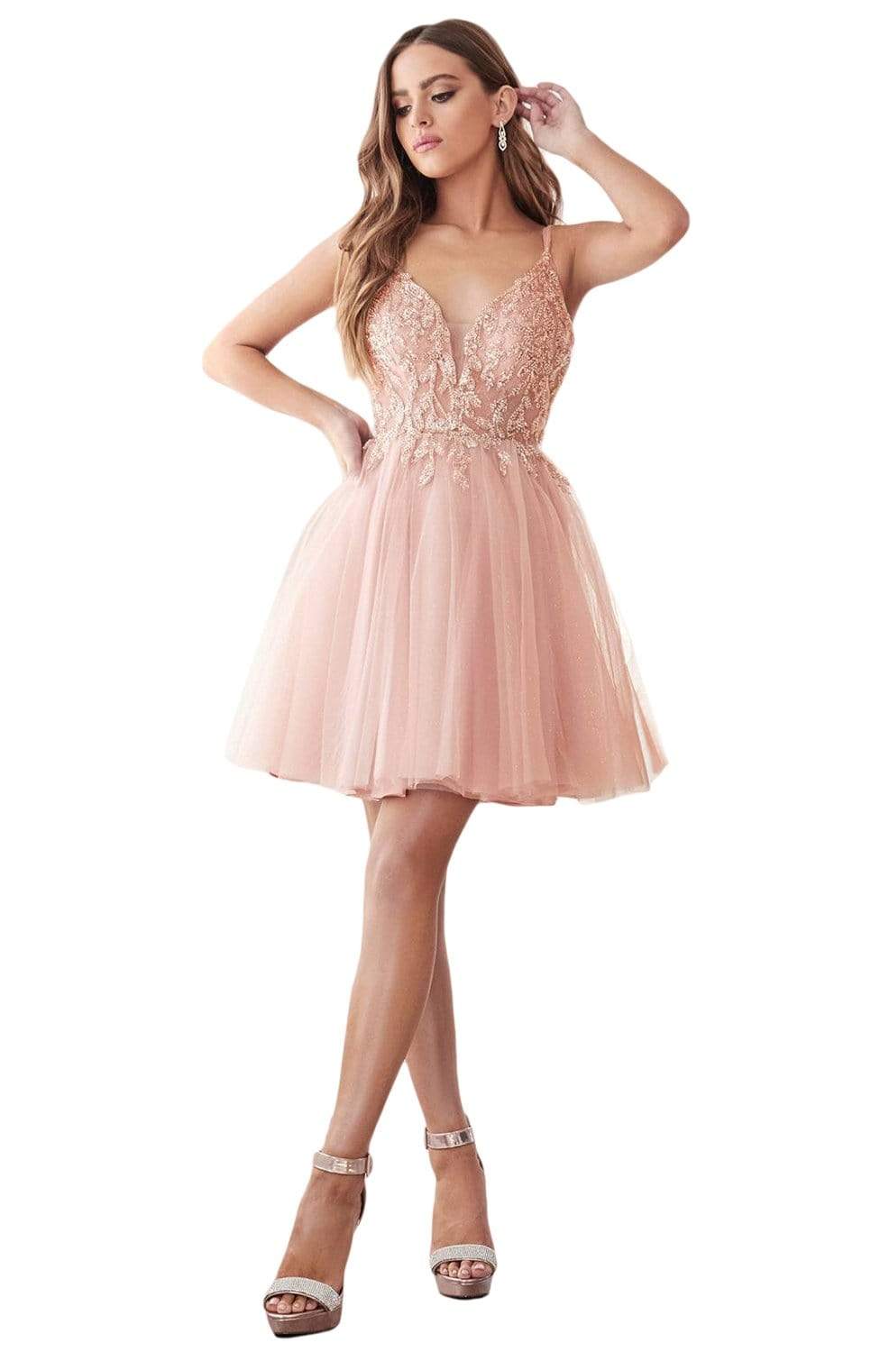 Cinderella Divine - CD0155 Short Beaded Applique Plunging Bodice Dress In Pink