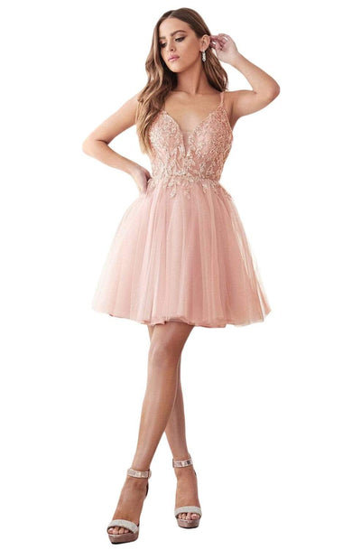 Cinderella Divine - CD0155 Short Beaded Applique Plunging Bodice Dress In Pink