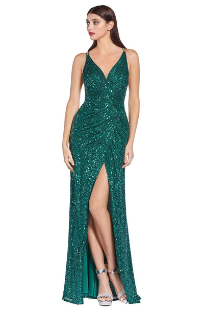 Cinderella Divine - CDS345 V Neck Strappy Open Back Fitted Sequin Gown Prom Dresses 2 / Emerald