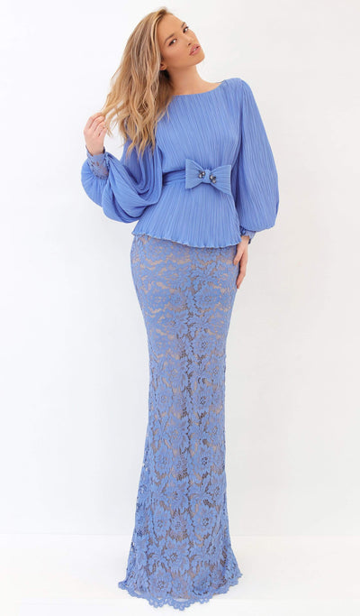 Tarik Ediz - 93831 Long Sleeve Bateau Lace Fitted Dress Evening Dresses 0 / Ice Blue