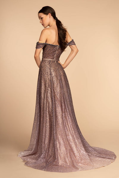 GLS by Gloria - Bead-Ornate Lace Off-Shoulder A-line Gown GL2570 In Pink and Purple